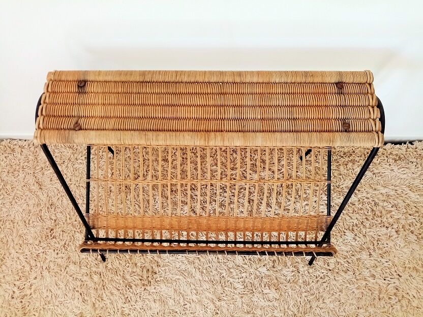 Magazines rack metal shelf and wicker years 50