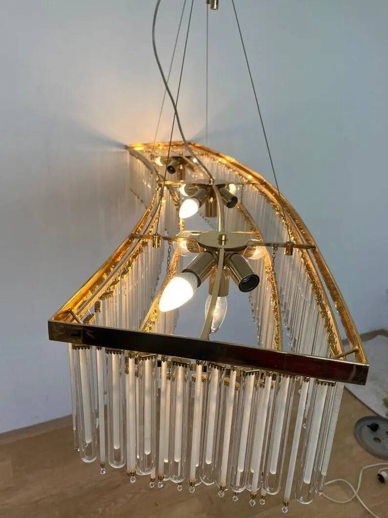 Big design hand made XXL glass and brass austrian chandelier - 1980s