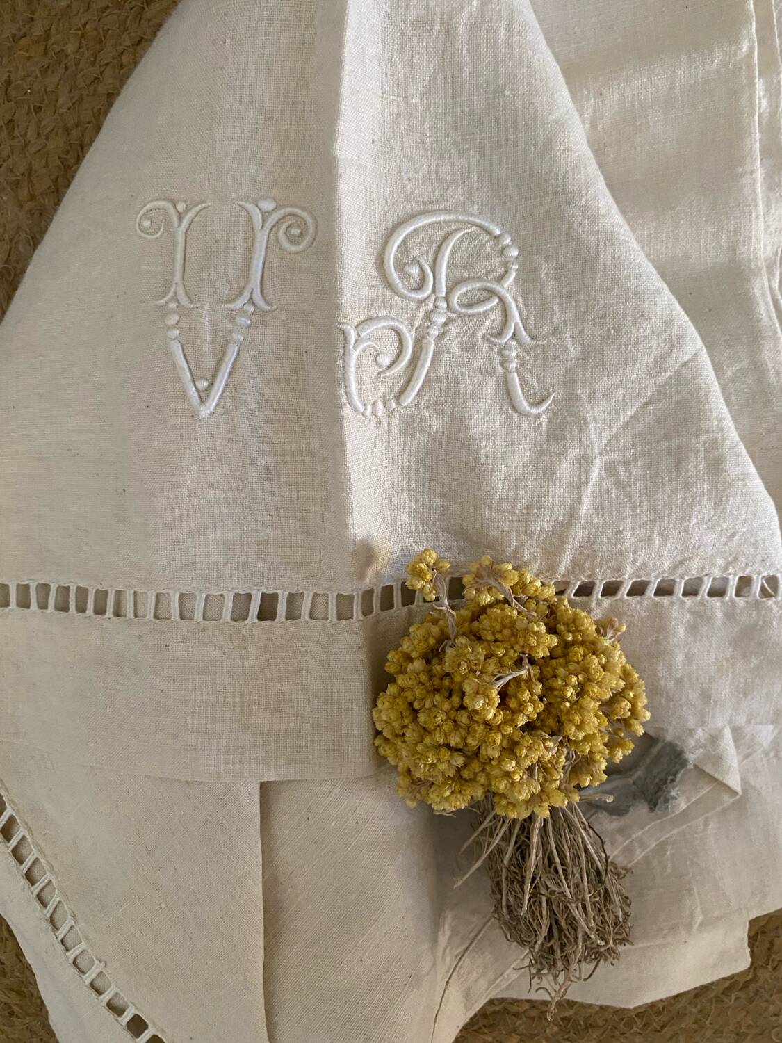 VR monogrammed cotton and linen sheet, 1900s
