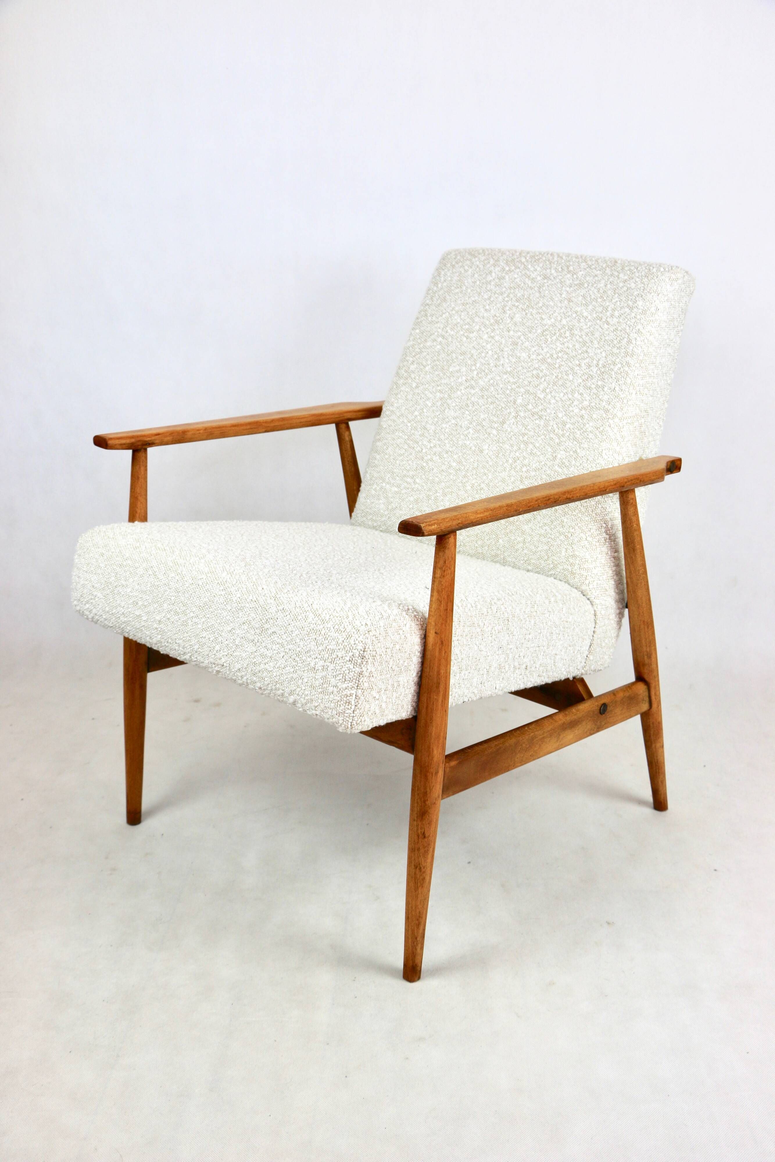 Armchair 'Lis', 1970s, white boucle, design by Henryk Lis - natural beech wood
