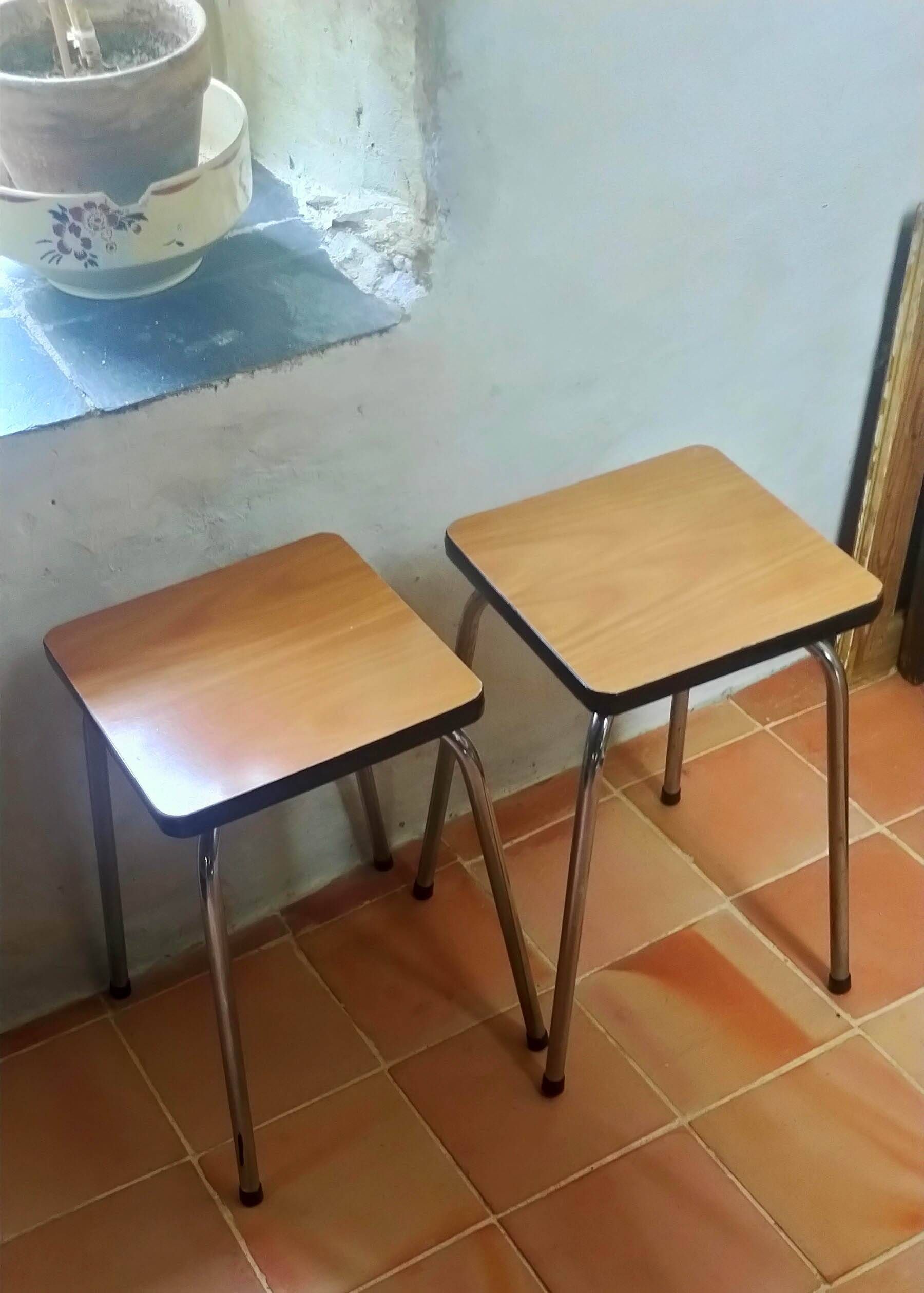Pair of vintage school stools in formica and chrome metal – 1960s/70s