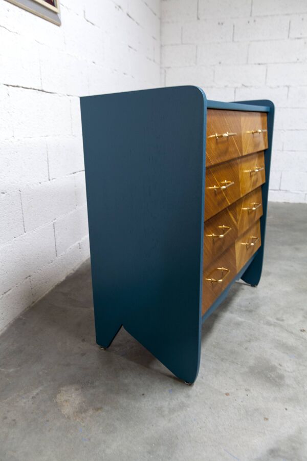 Commode scandinave 1960 atypique bleu Ainhoa Satiné 4 tiroirs