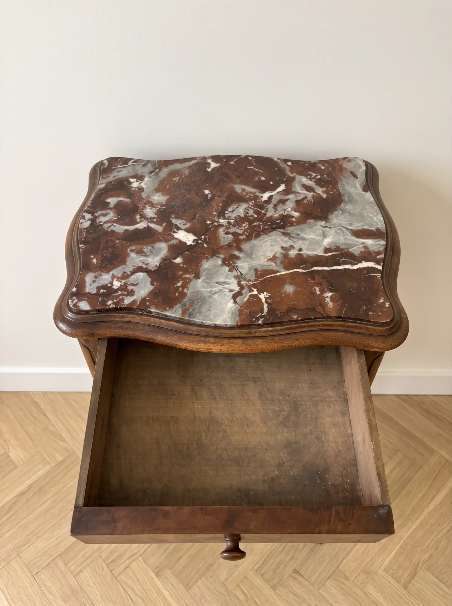 Antique Louis XV style bedside table in wood and marble.