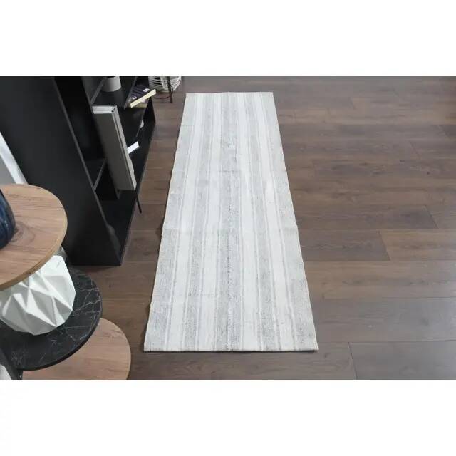 1970s Vintage Turkish Handmade Wool Cotton Beige Kilim Rug 65x200