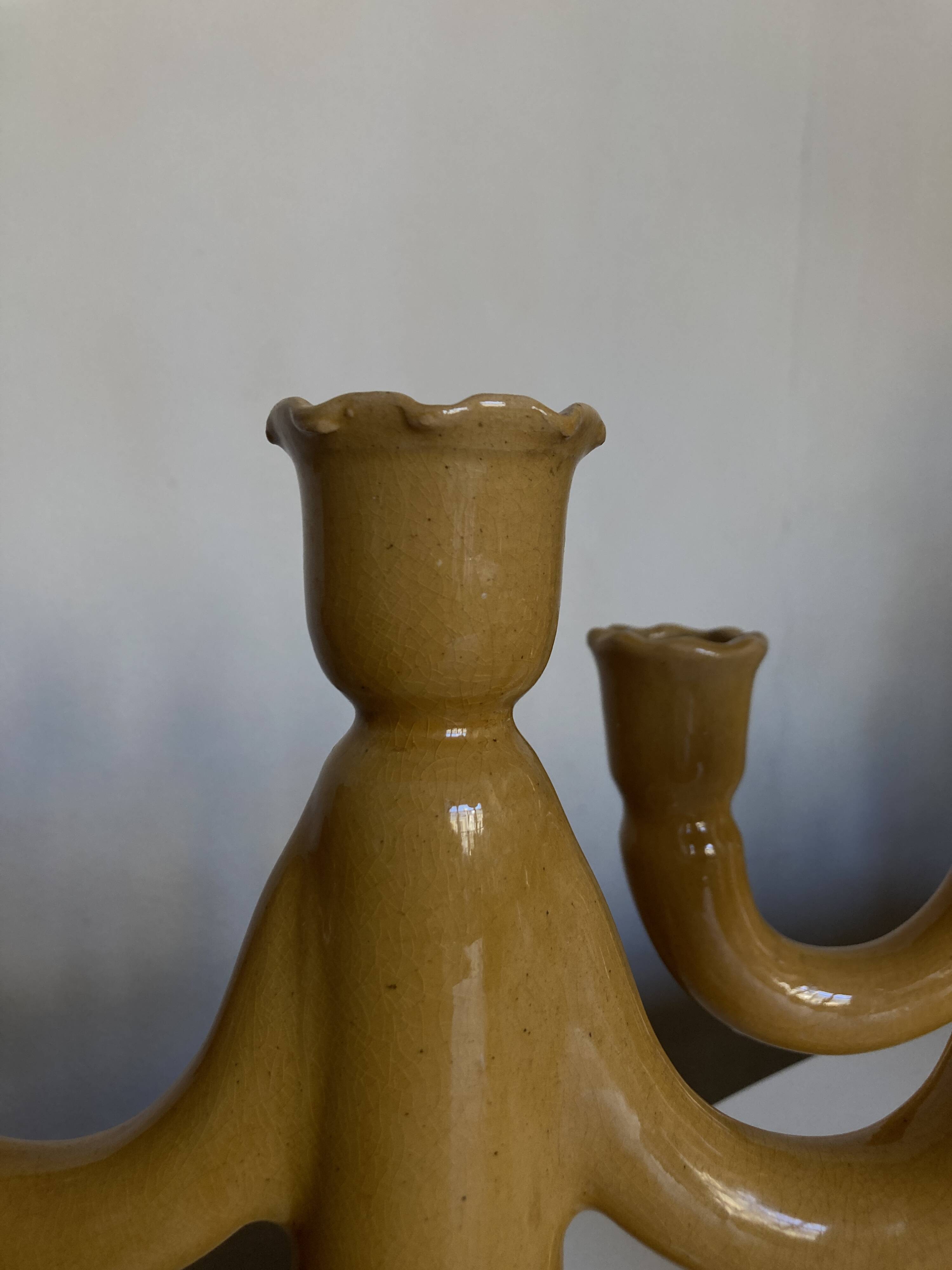 Paire de bougeoirs en terre vernissée Pichon Uzès 1960