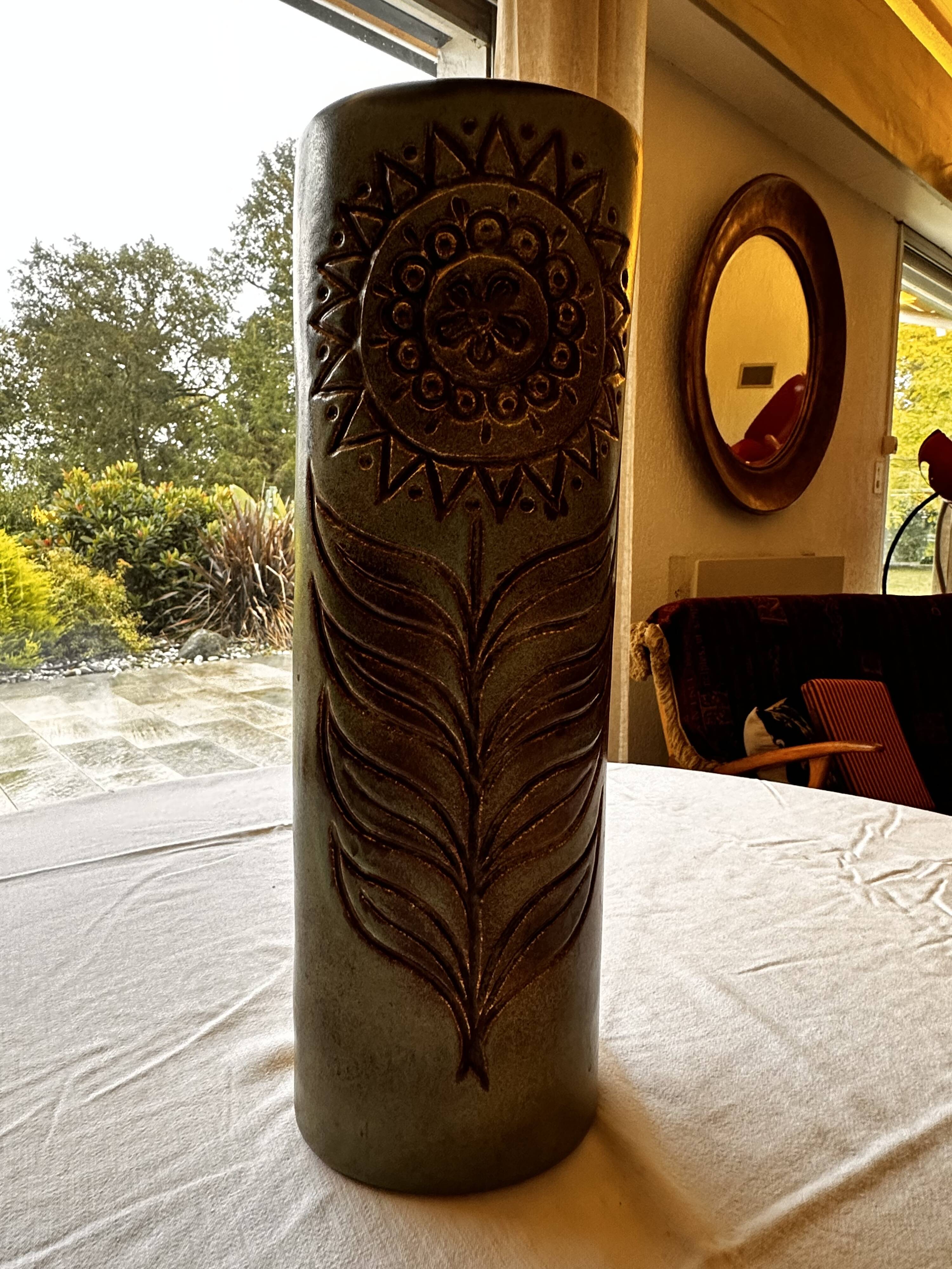 Large tubular ceramic vase Jean Varoqueaux for Périgord pottery