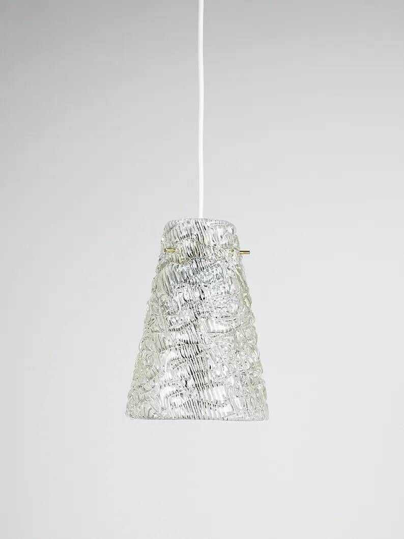 J.T. Kalmar Mid-Century Textured Glass & Brass Pendant Lamp, Austria, 1950s