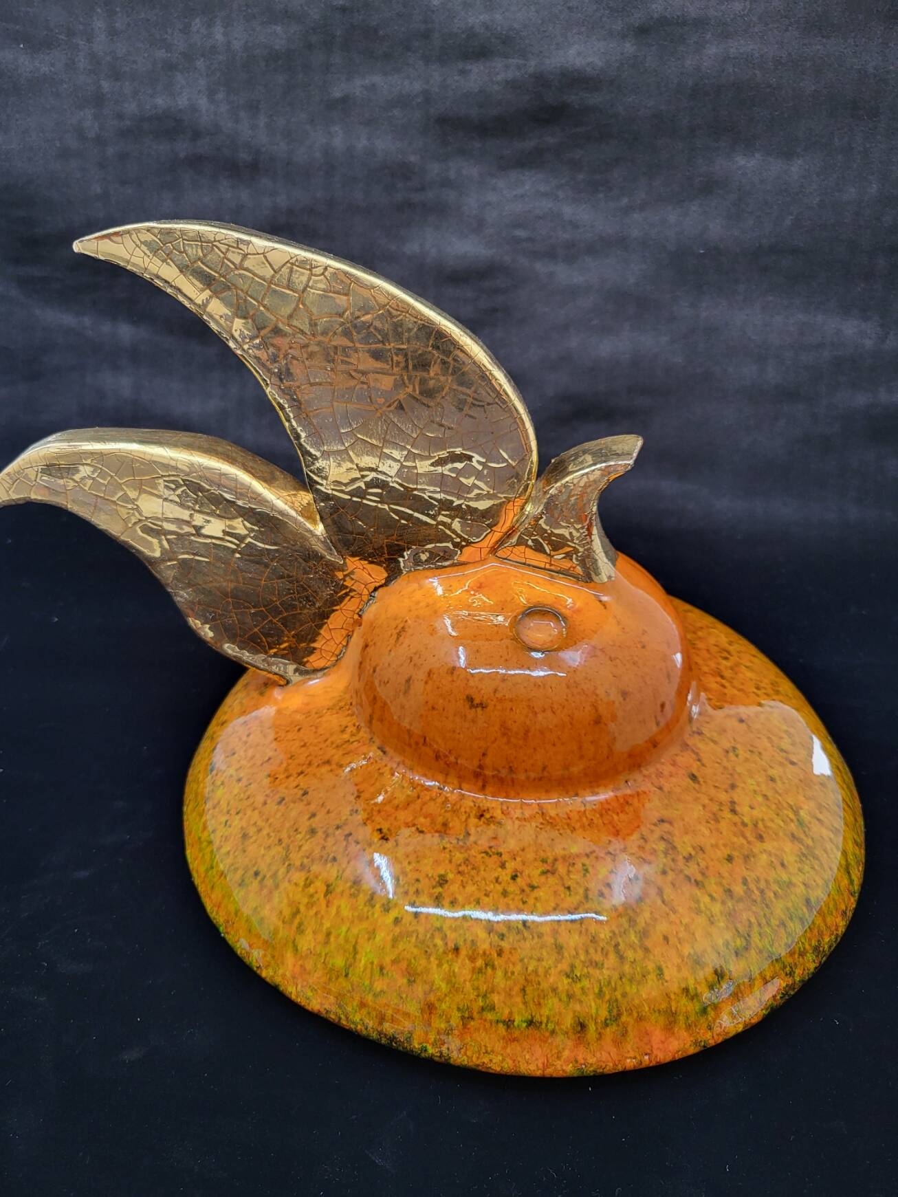 Gérard Crociani soup tureen in orange zoomorphic ceramic French gilded with fine gold Vallauris