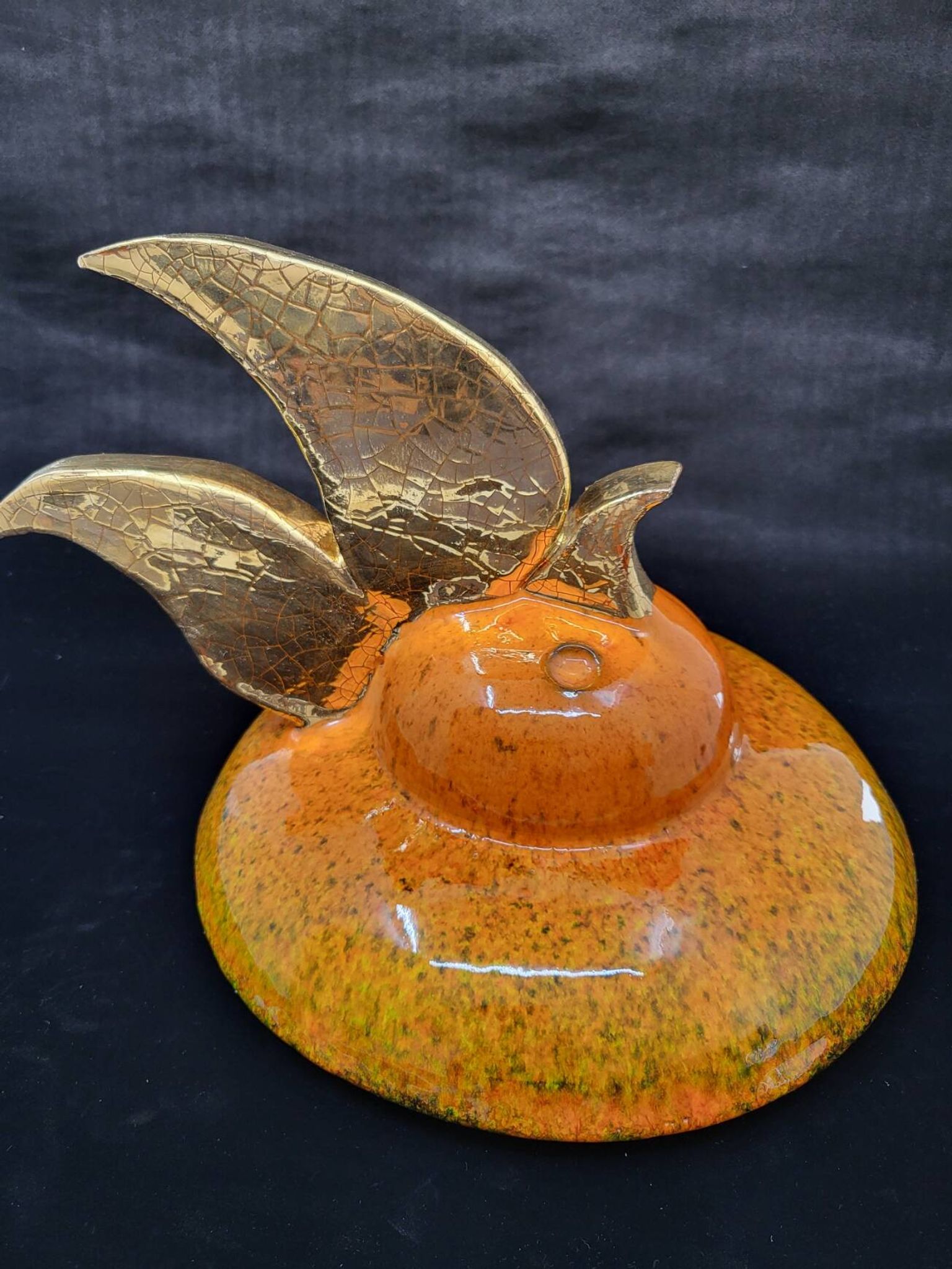 Gérard Crociani soup tureen in orange zoomorphic ceramic French gilded with fine gold Vallauris