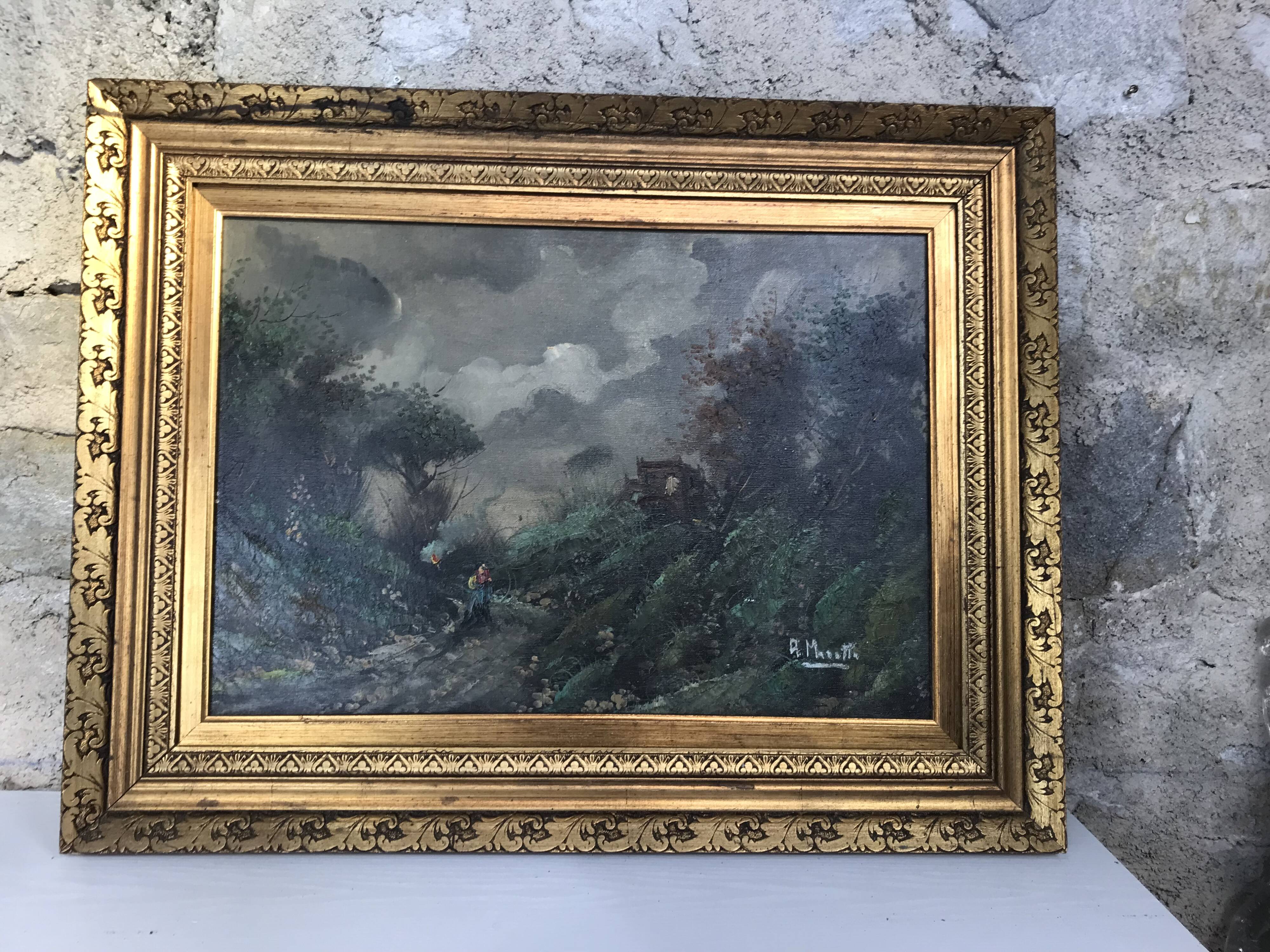 Old painting oil painting art landscape mountain forests alps marette