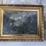 Old painting oil painting art landscape mountain forests alps marette