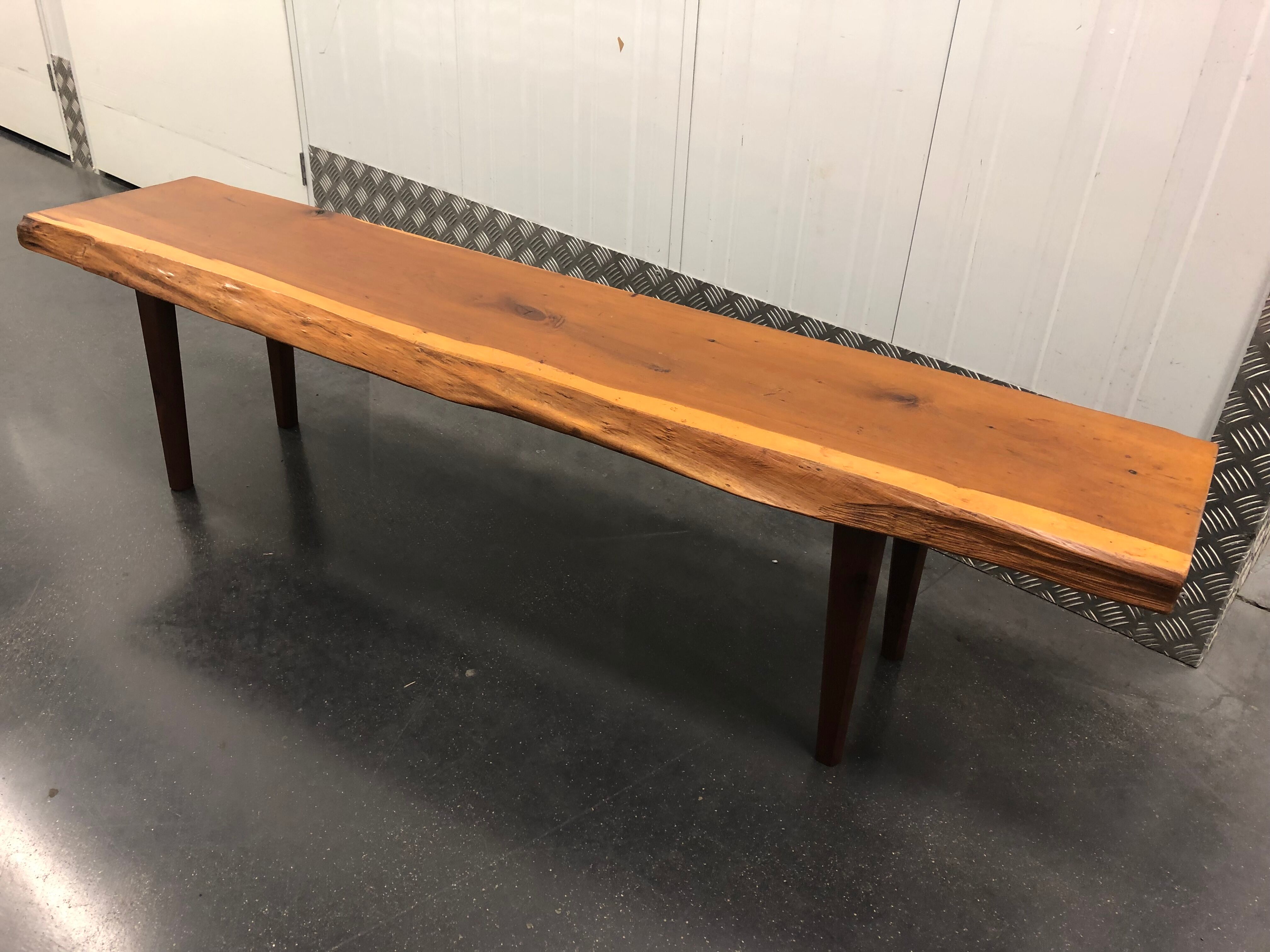 Wooden yew timbered bench stamped Reynolds of Ludlow, circa 1960