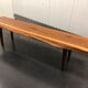 Wooden yew timbered bench stamped Reynolds of Ludlow, circa 1960
