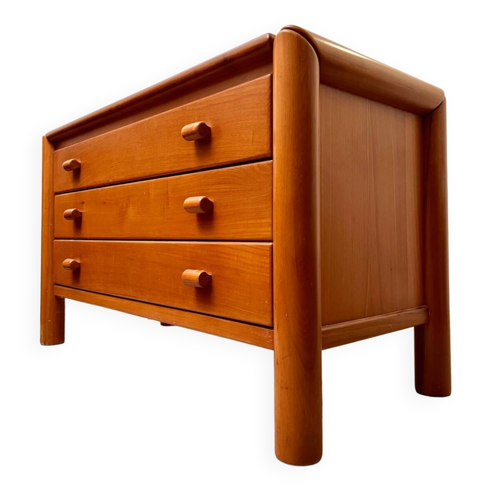Ancienne commode 3 tiroirs en orme massif design années 70 brutaliste