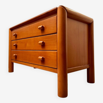 Old 3-drawer chest of drawers in solid elm, brutalist 70s design