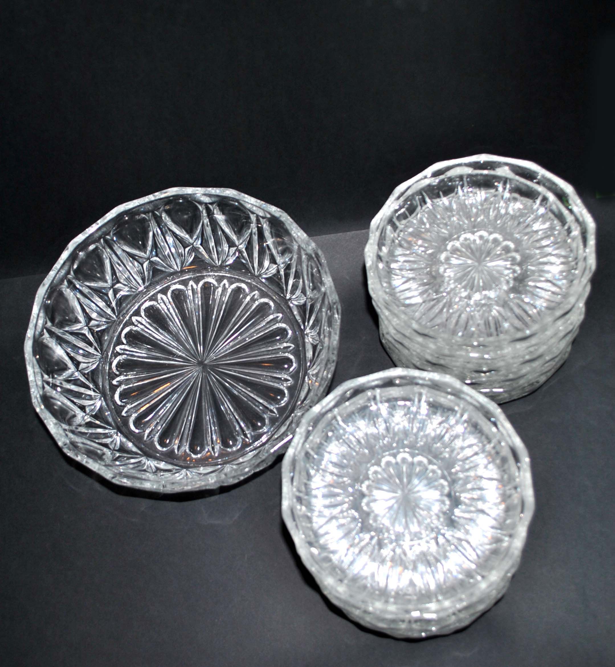 Vintage dessert set - salad bowl and 12 cups in retro pressed-molded glass 1950