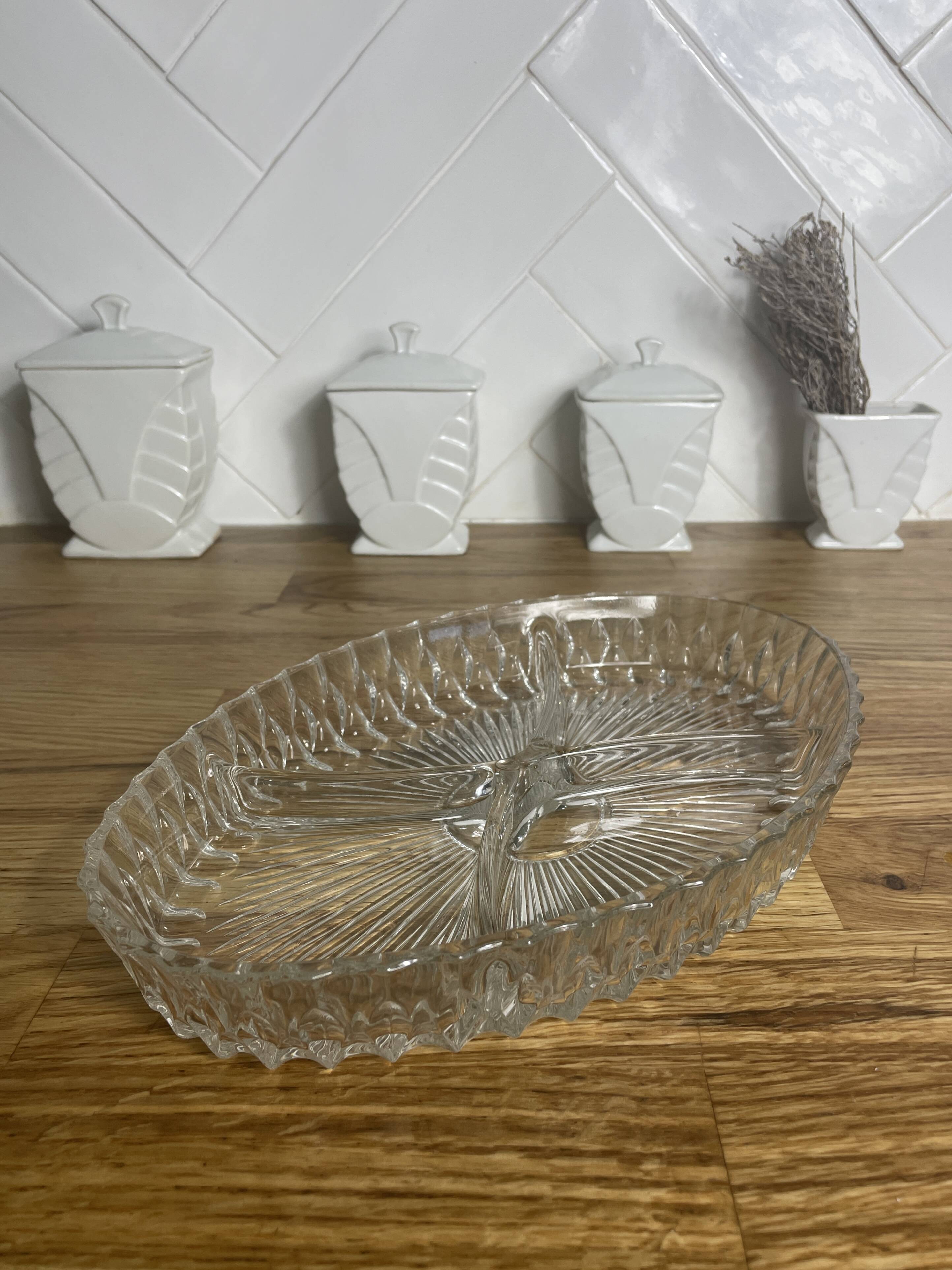 Vintage crystal appetizer tray with geometric pattern