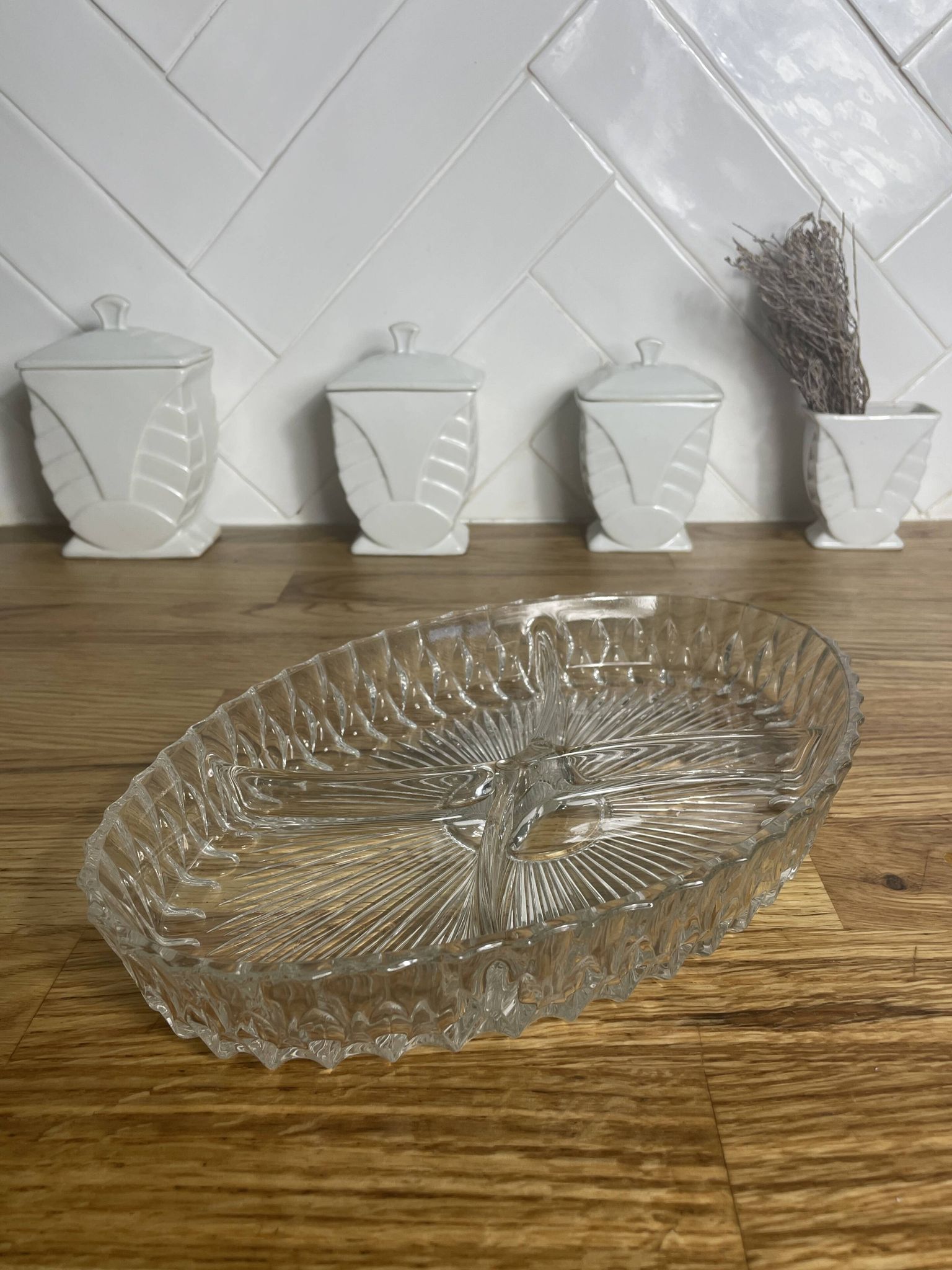 Vintage crystal appetizer tray with geometric pattern