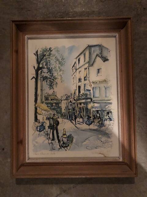 Watercolour painting of Montmartre, Place du Tertre, Paris, signed Guillery.
