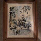 Watercolour painting of Montmartre, Place du Tertre, Paris, signed Guillery.