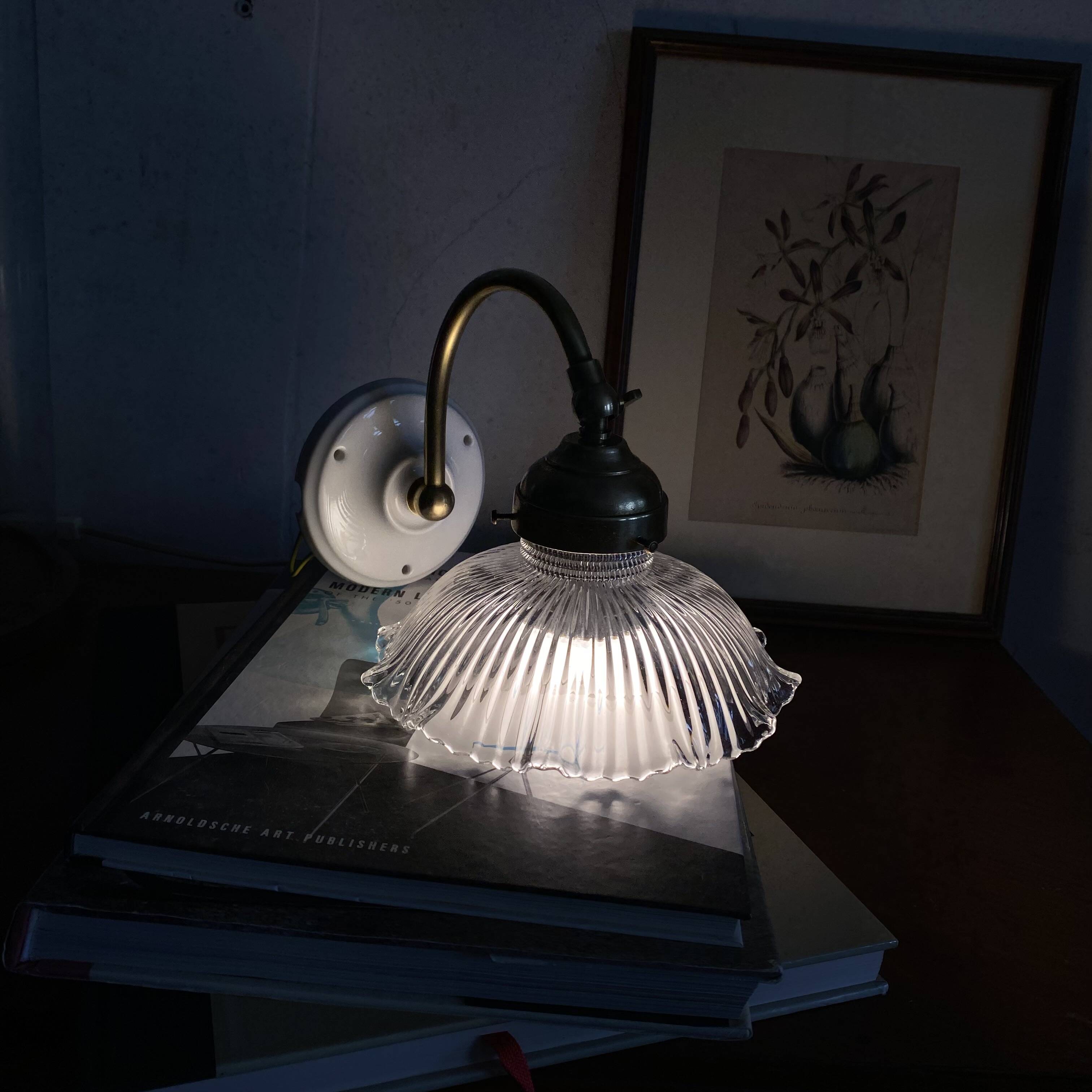 Swan neck wall light in brass with a ribbed glass shade, Holophane type.