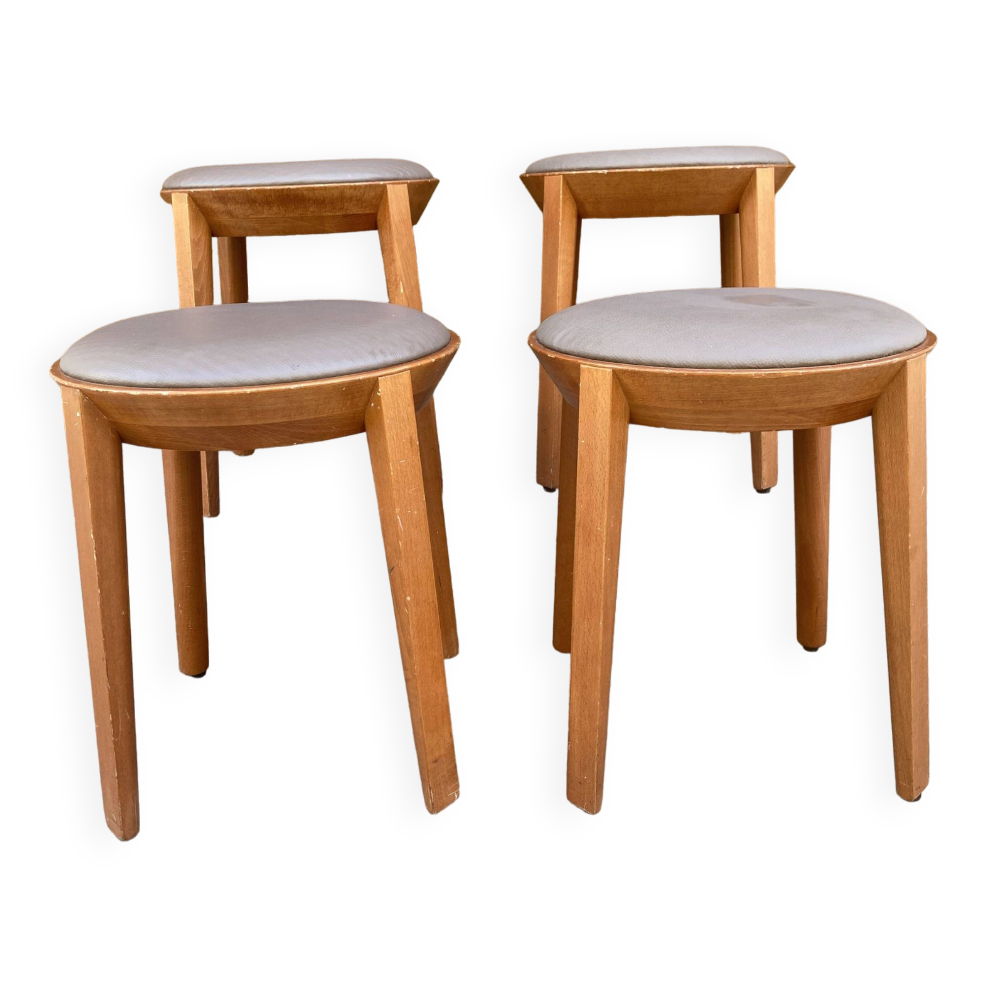 Set of 4 stools in beech and gray Skai 1980