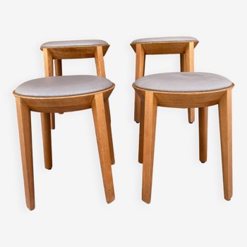 Set of 4 stools in beech and gray Skai 1980