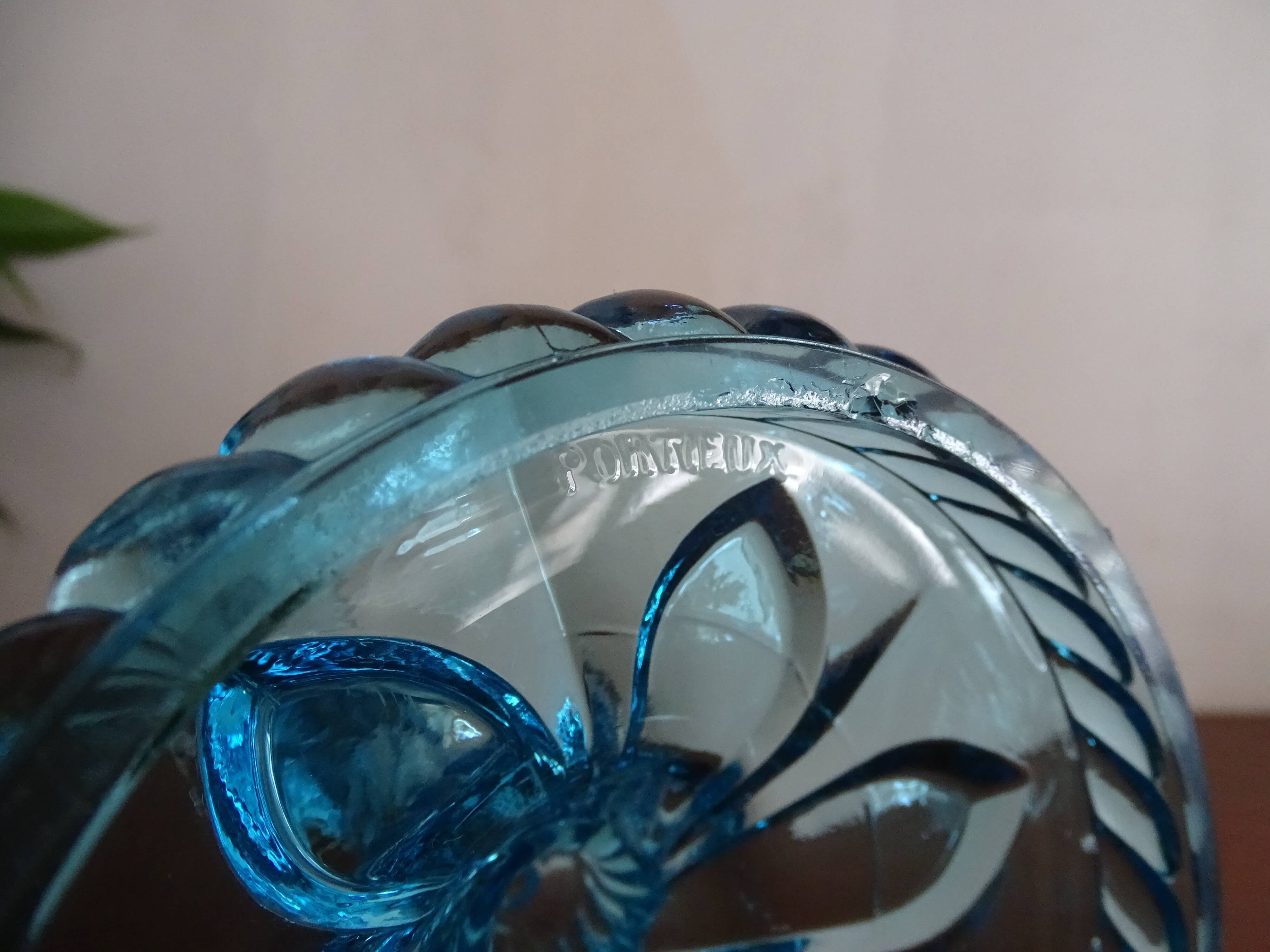 Candleholder Door blue molded glass signed