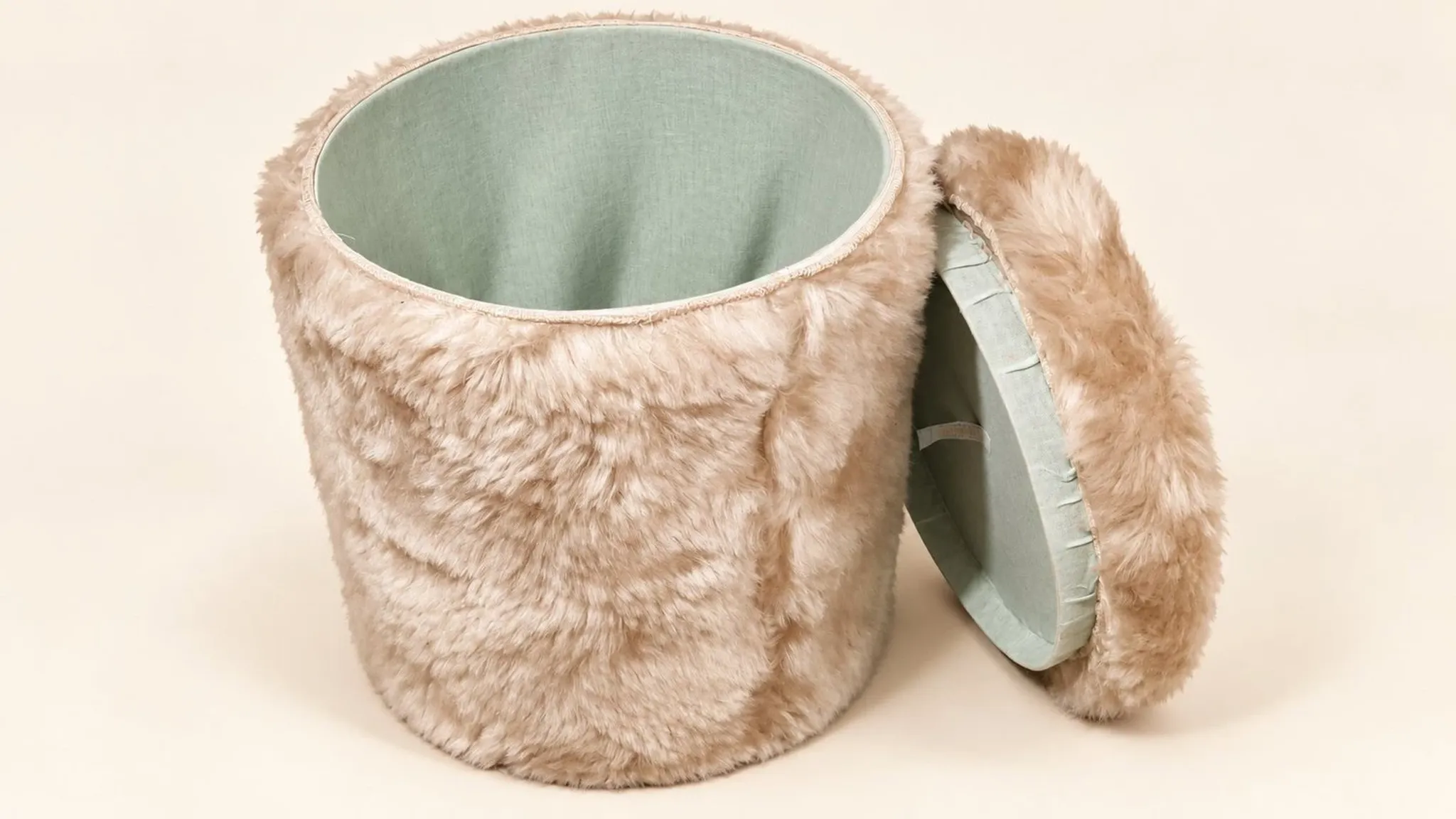 Beige faux fur cylindrical storage pouffe bohemian