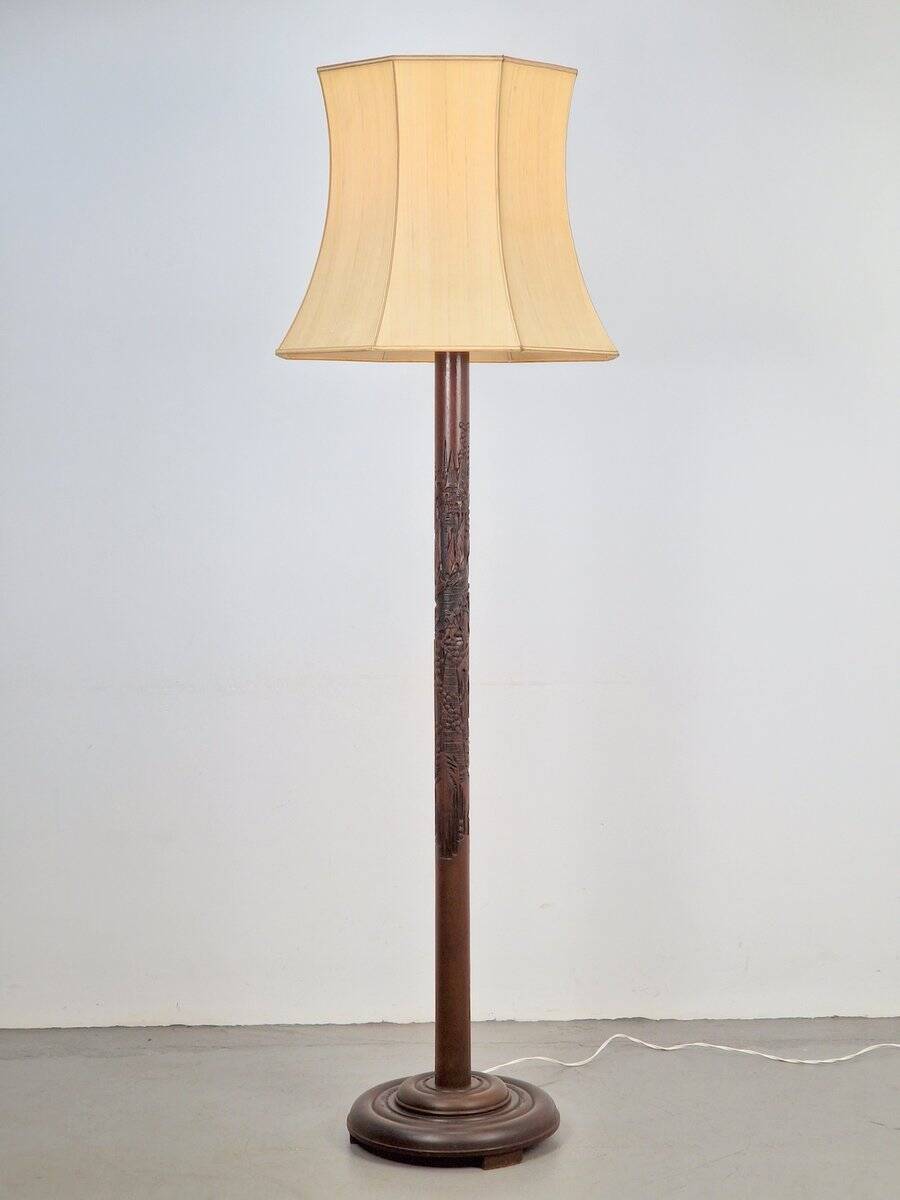Art Deco Asian Style Carved Wood Floor Lamp, 1930s