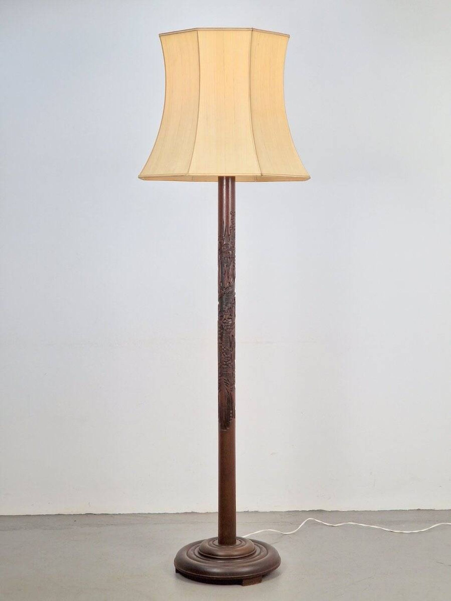 Art Deco Asian Style Carved Wood Floor Lamp, 1930s