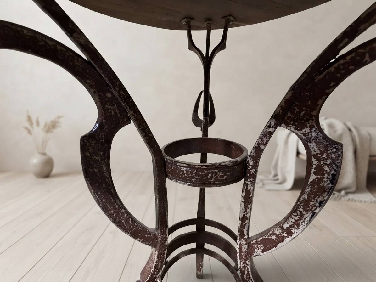 Handmade round side table with wrought iron base, circa 1980s, Czechoslovakia, 67 × 50 cm