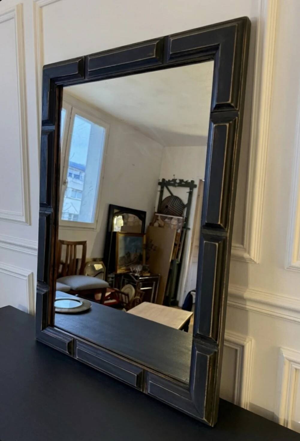 Patinated black rectangular wooden mirror