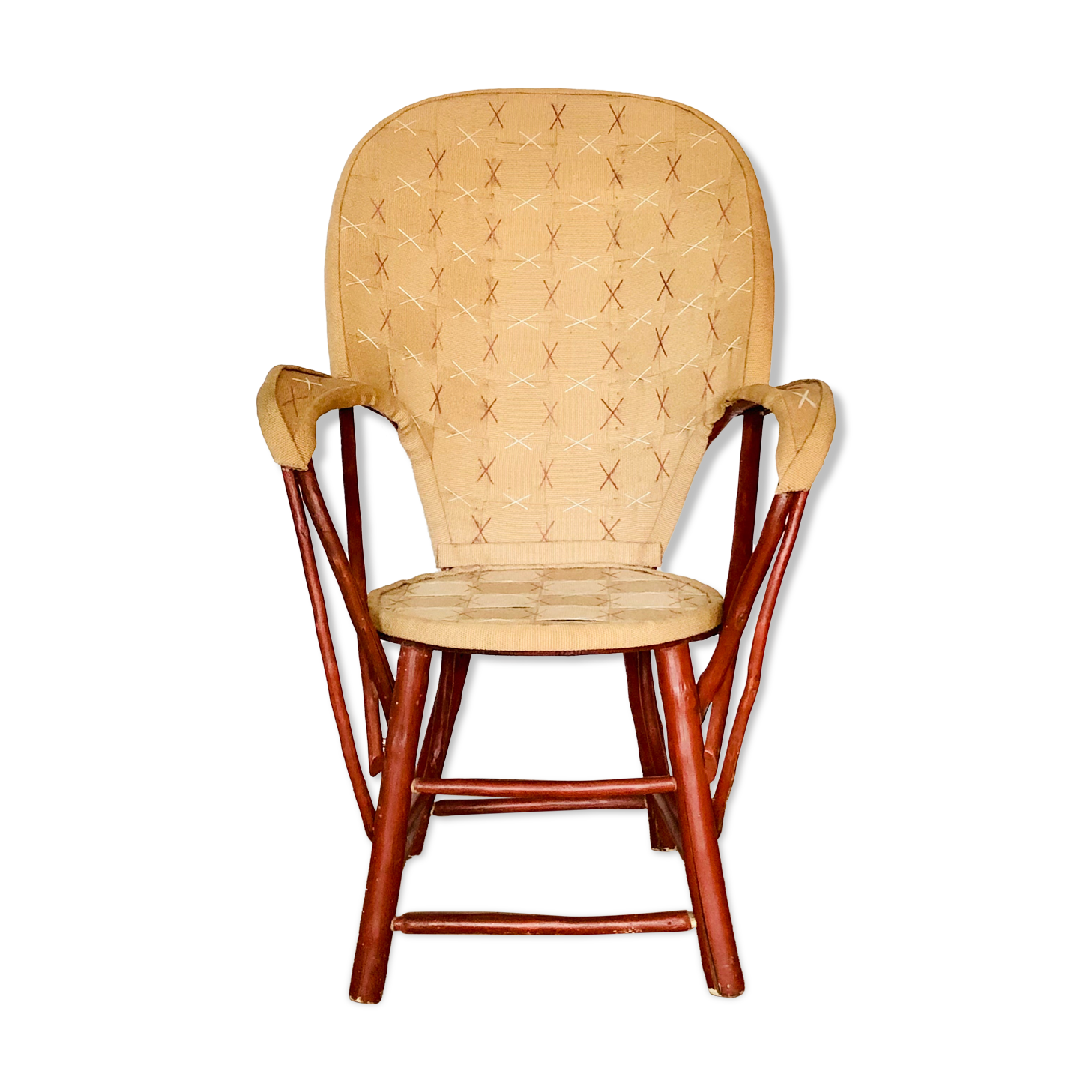 Vintage chestnut armchair and burlap