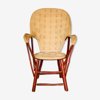 Fauteuil vintage en châtaignier et toile de jute