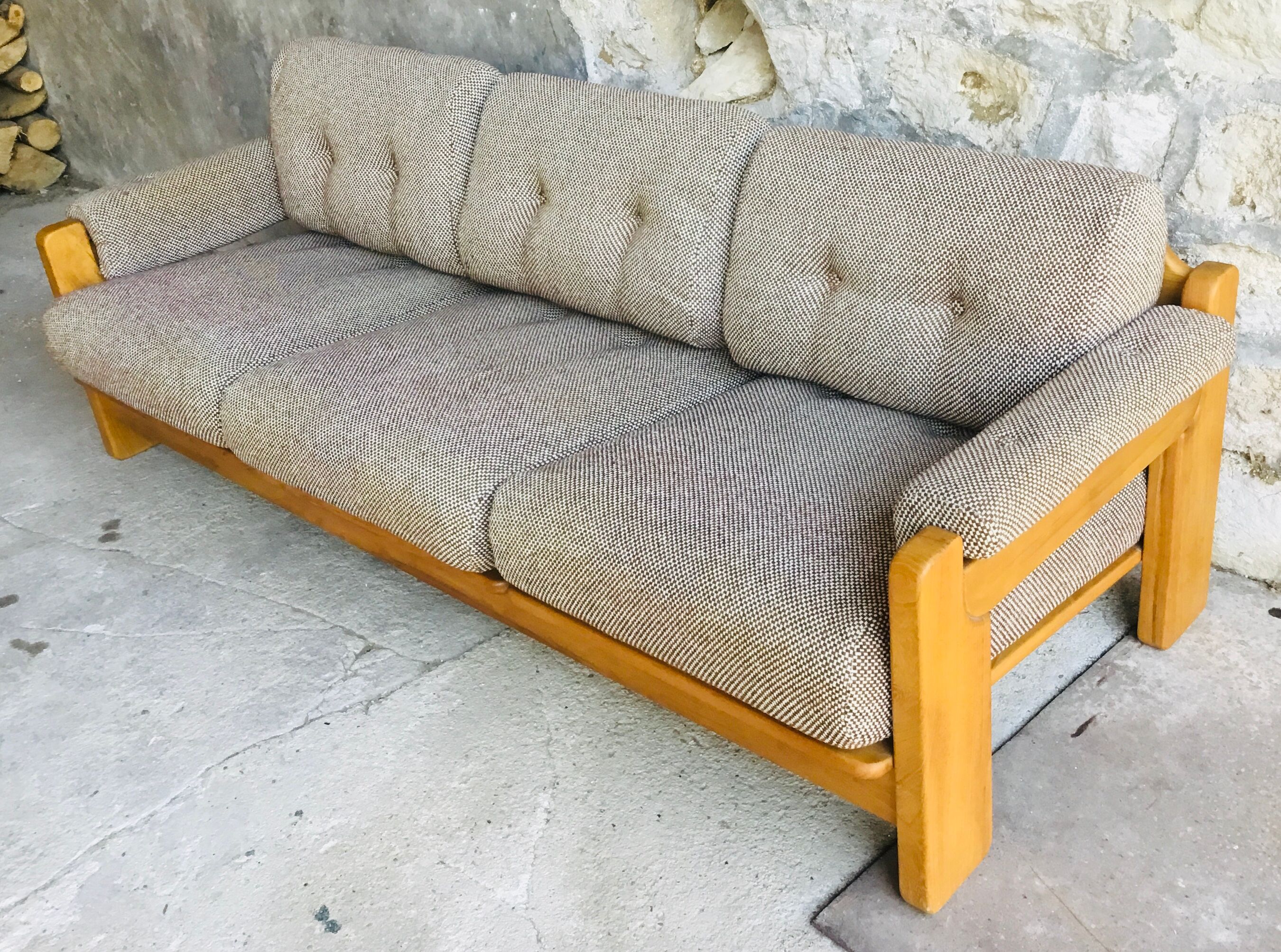 Scandinavian sofa 3-seater elm structure wool cushions chinée 1960