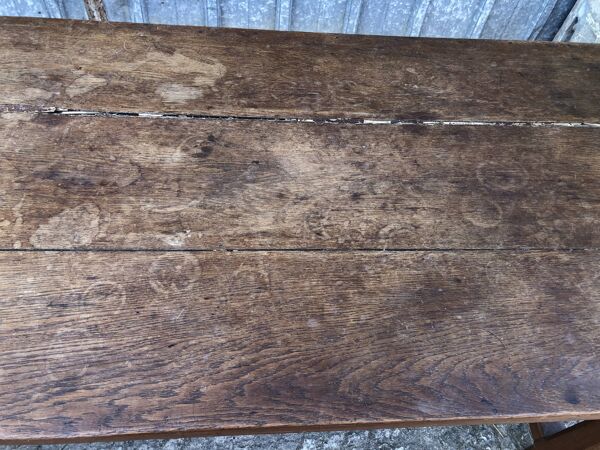 Table de ferme ancienne en chêne à barre à chat et 1 tiroirs.