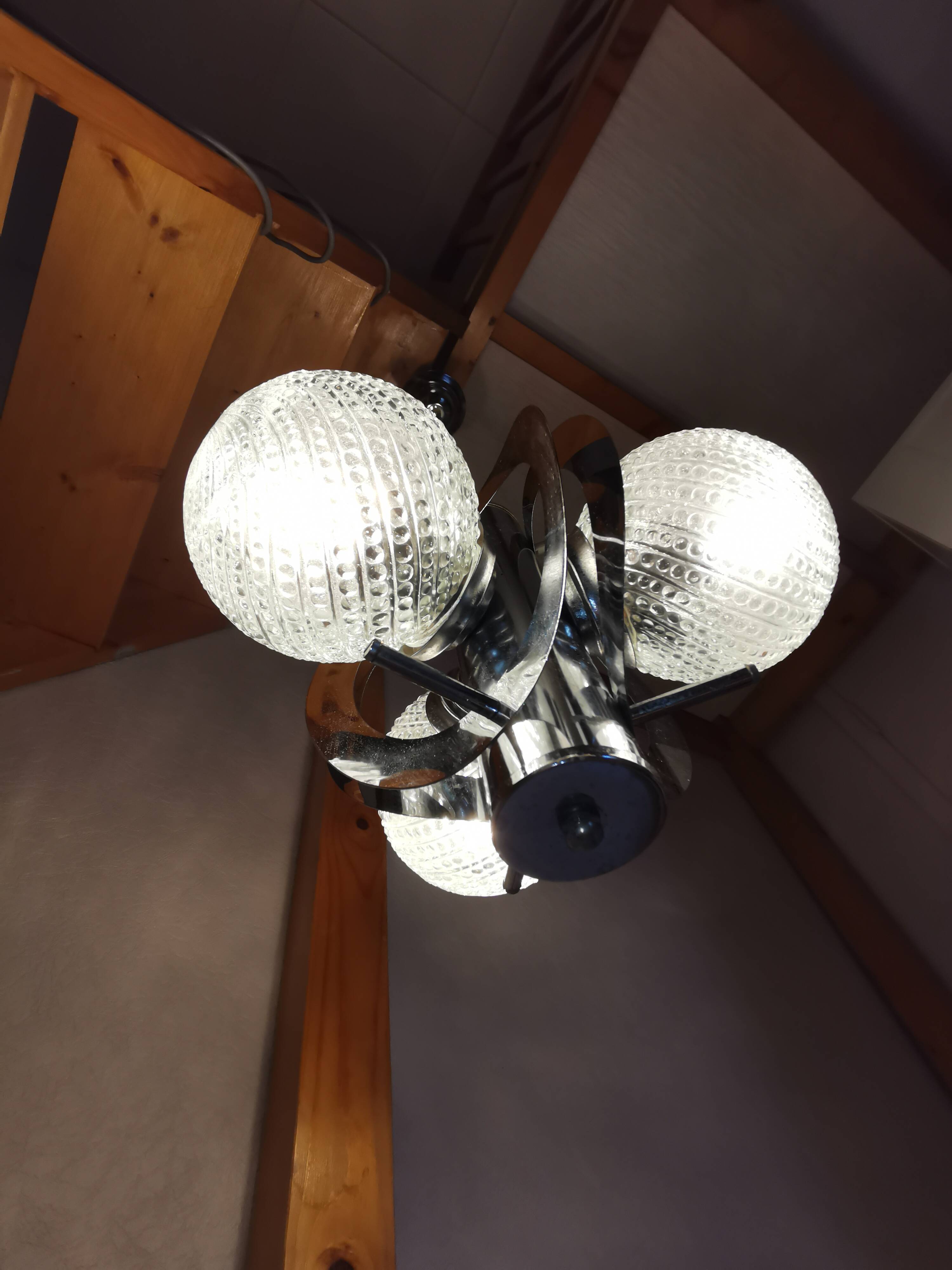 Space age chandelier with 3 lights, stainless steel and cut glass, Mazzega style, 1970