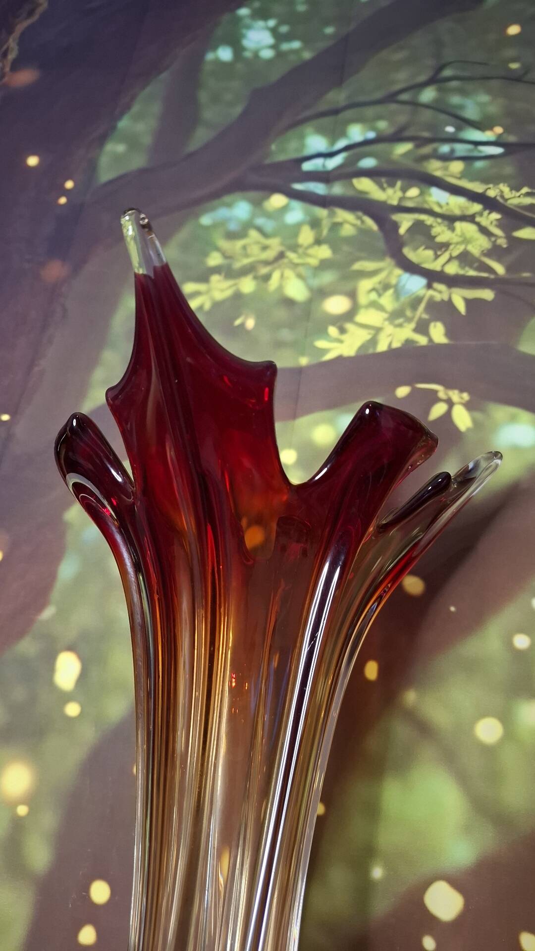 Murano glass vase, blown, gradient red, original antique label.