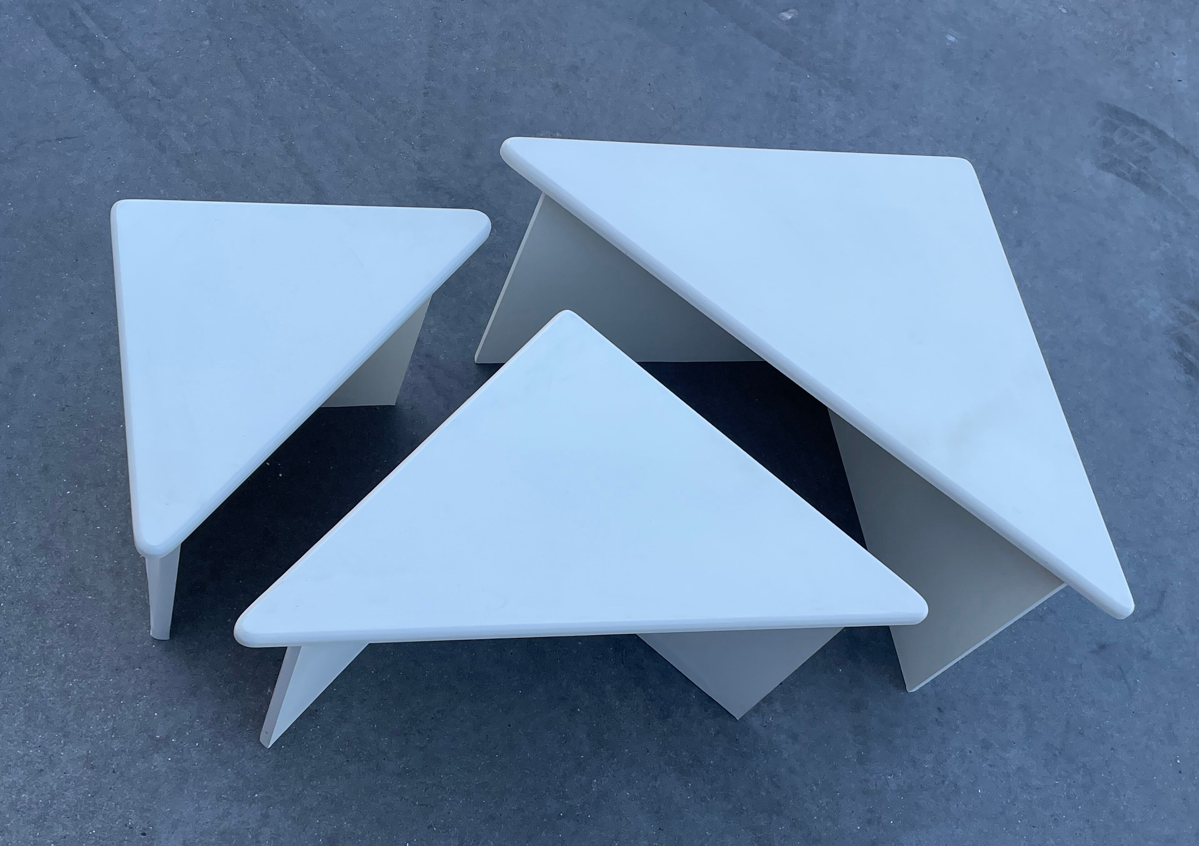 Set of three triangle side tables wood white creme design