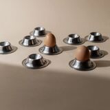 Lot of 9 vintage stainless steel egg cups from the 1970s, timeless minimalist design, dishwasher safe.