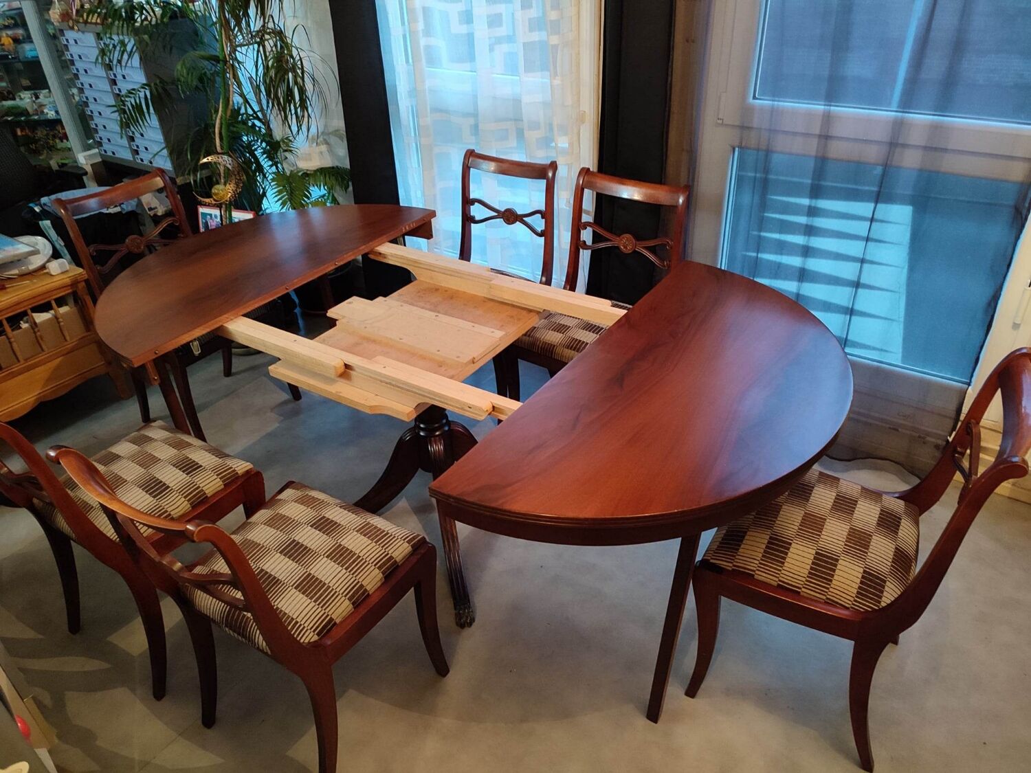 Table + extensions and chairs Gerbeau mahogany vintage wood