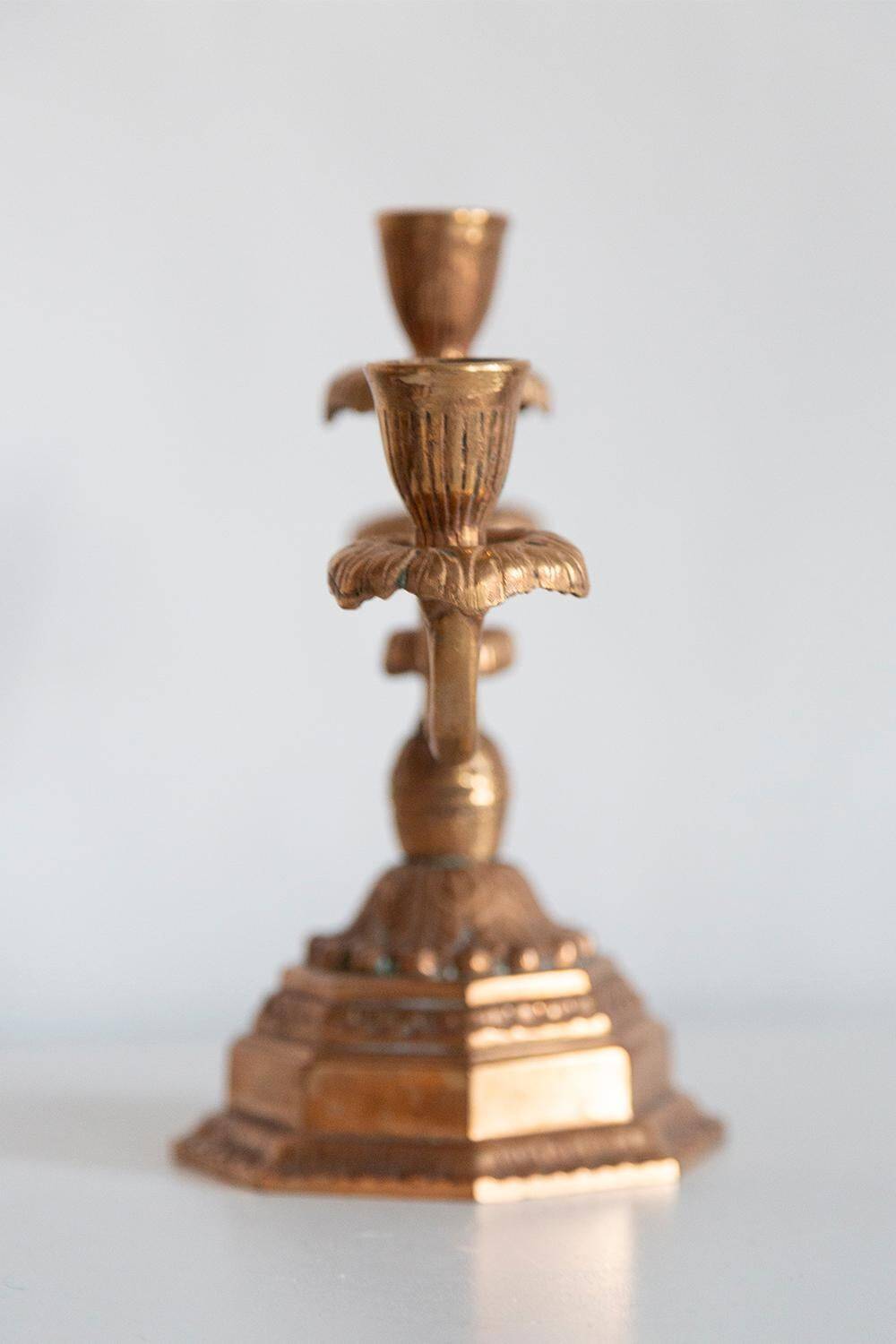 Decorative golden metal candle holders from the mid-20th century, Menora, France, 1960s.