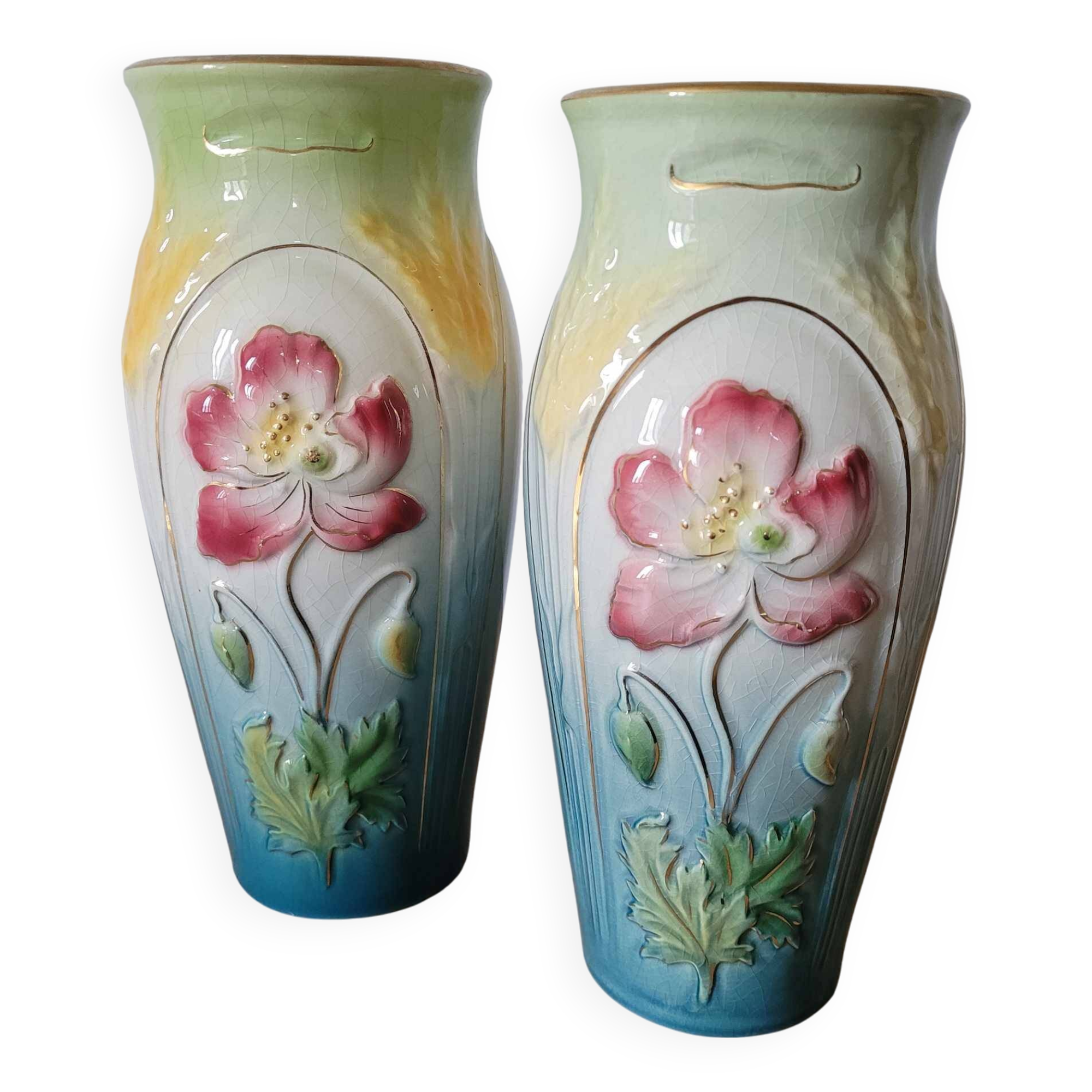 2 vases + Art Nouveau planter signed Gustave de Bruyn