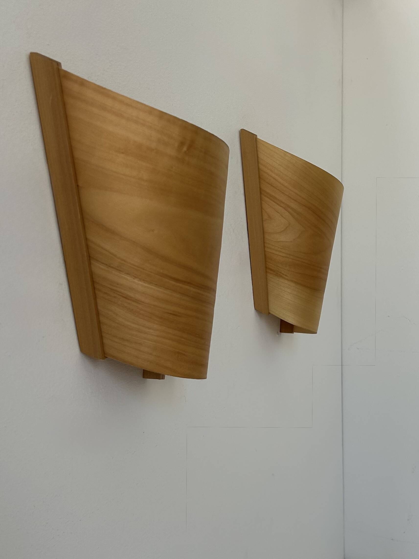 Pair of vintage wall lights, pine slats, France, 1970.