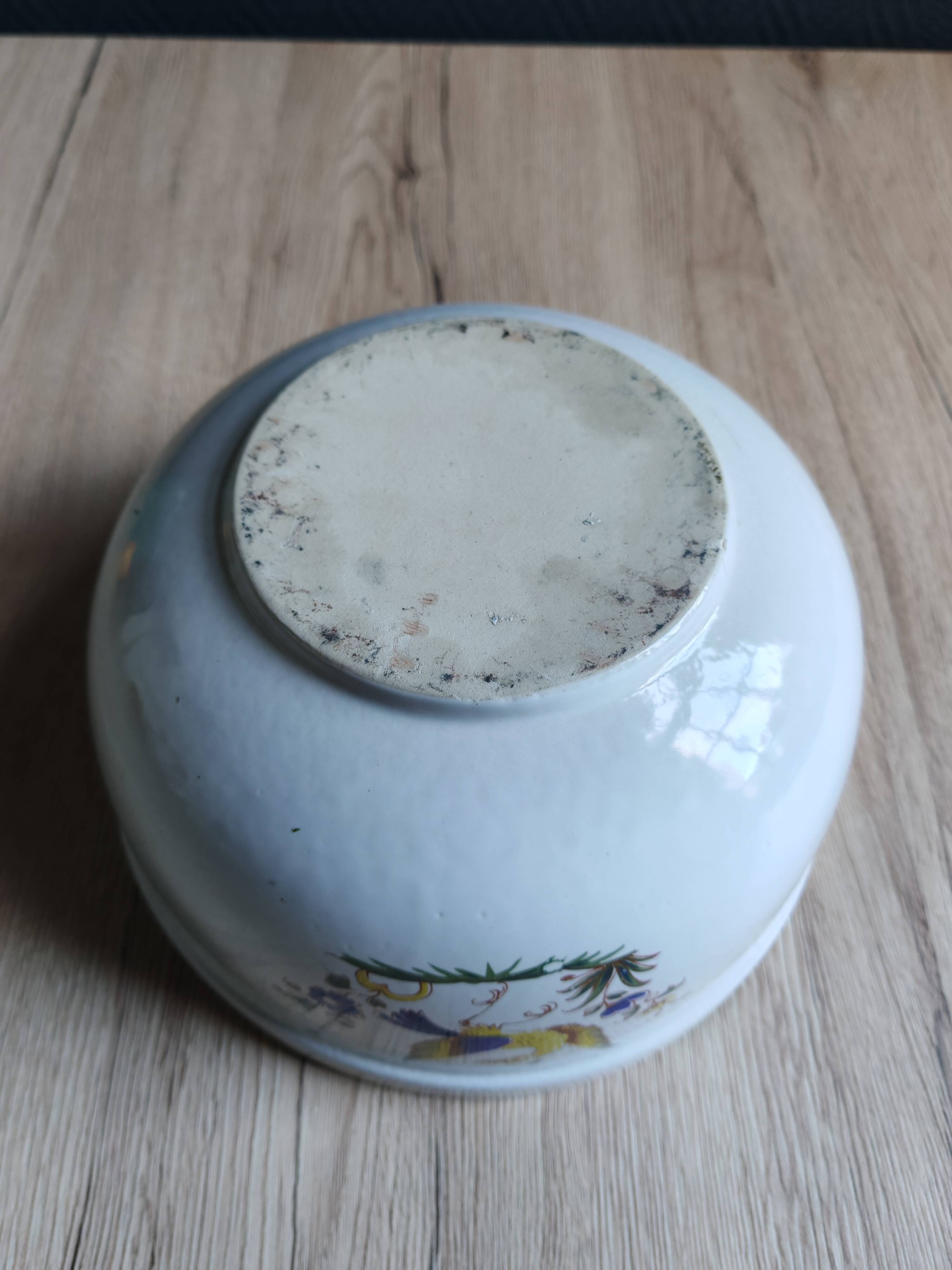 Saladier vintage faïence blanche oiseau exotique style Moustiers