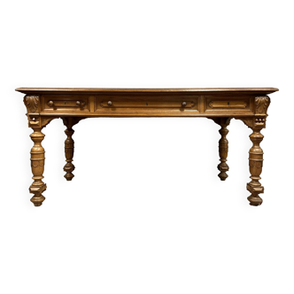 Flat center desk Renaissance style in solid walnut circa 1850