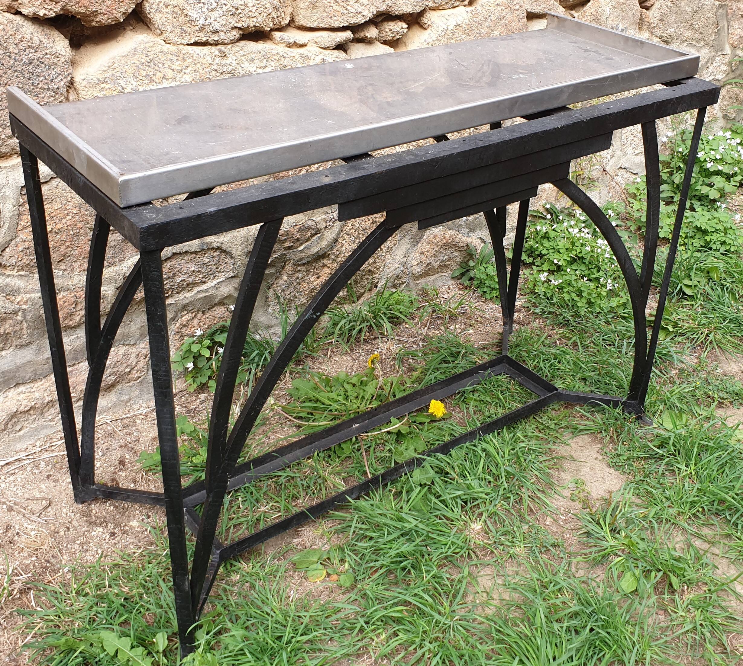 Art Deco console in wrought iron and steel (Art deco, wrought iron and steel console)
