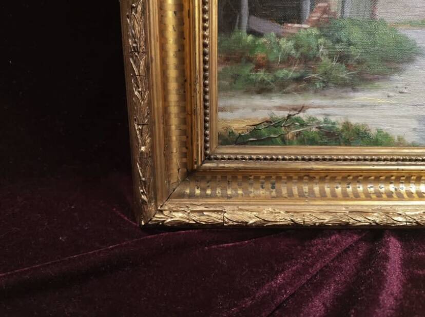 Antique oil painting, french barbizon school, wooden frame