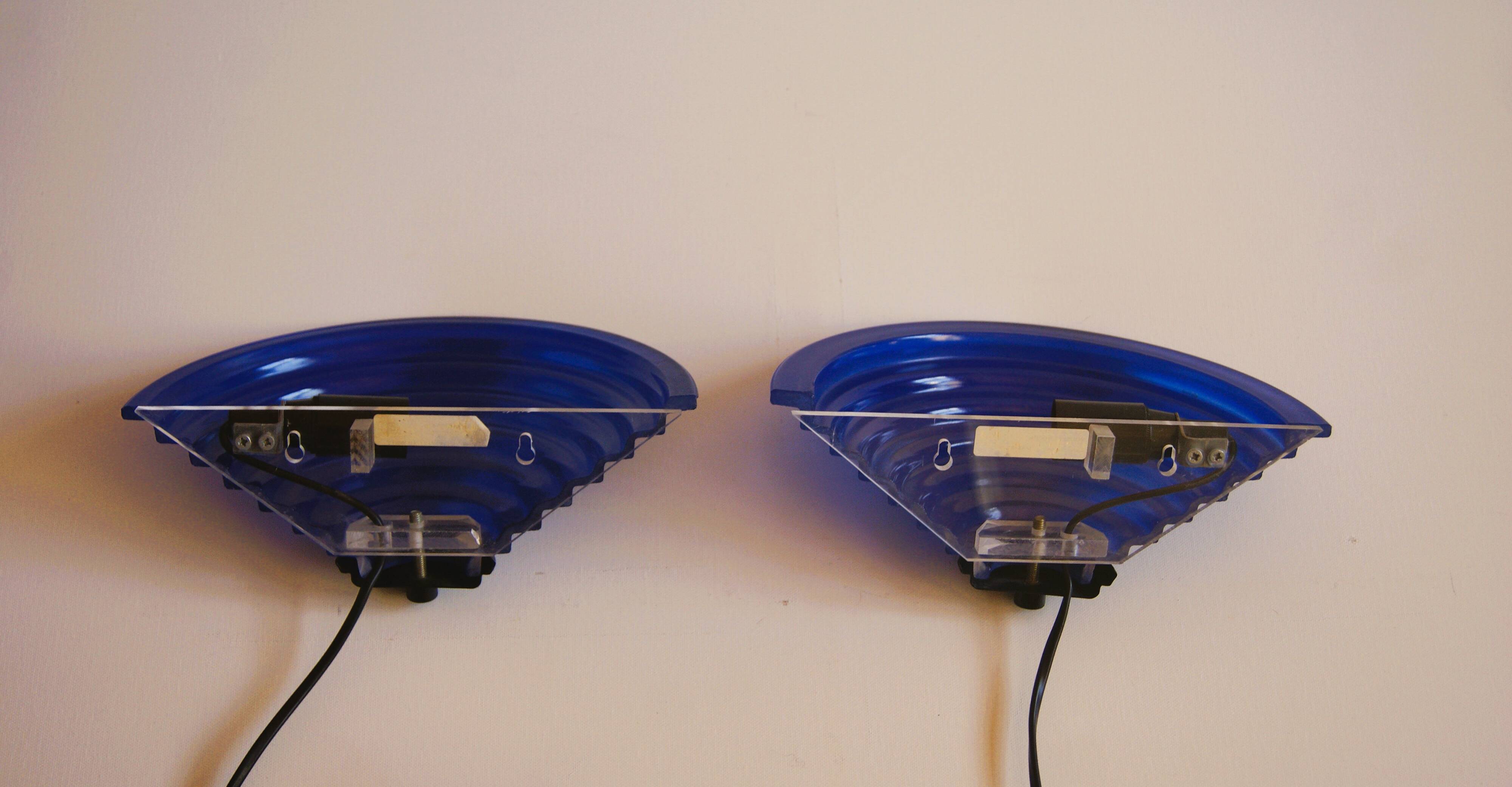 Pair of 1980's Art Deco Inspired Cobalt Blue Glass Sconces - Design Light